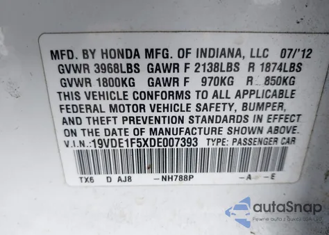 2013 Acura Ilx 2.0L из США, поврежденный, VIN 19VDE1F5XDE007393